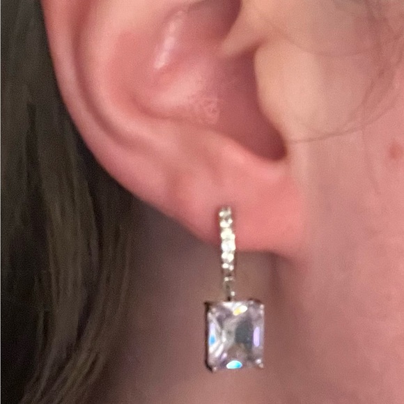 Silver Diamond Square Huggie Hoop Drop Earrings - Picture 2 of 5